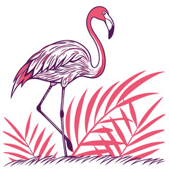 Naklejka premium Stylized flamingo standing among pink palm leaves