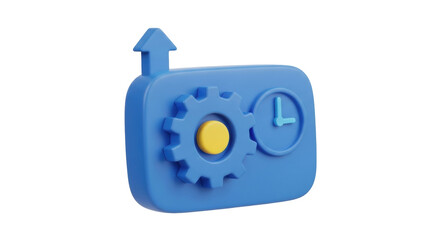 Isolated Blue Icon with Gear, Clock and Up Arrow, represents settings or project management