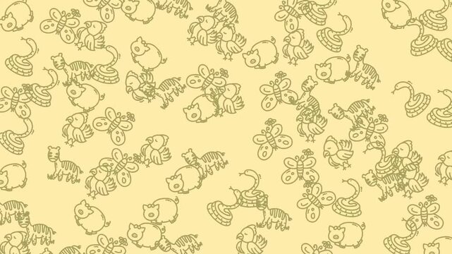 Pattern a whimsical pattern of outlines featuring snakes tigers pigs butterflies and birds.