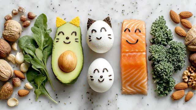 Creative arrangement of healthy foods resembling cute animal faces on a marble surface