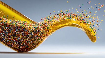 Dynamic pouring effect with colorful granules against neutral background