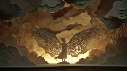 Silhouette of angel figure with expansive wings in a celestial paper cut artwork