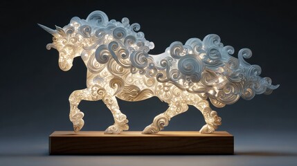 Illuminated unicorn sculpture with intricate details on a wooden base