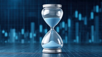 Hourglass Symbolizing Time Management with Blue Sand Against a Digital Background of Financial Data and Trends