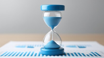 Blue Hourglass on a Paper with Graphs and Charts Representing Time Management and Progress Tracking in a Business Environment