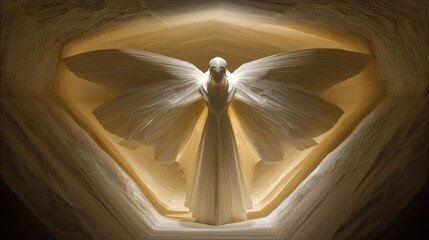 Statuesque figure with large wings in a glowing geometric space