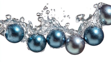 Water splash with spheres flowing liquid and droplets on white background