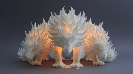 Abstract white creatures with illuminated core against a dark background