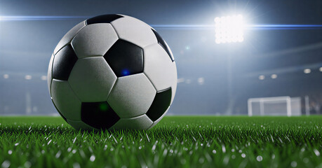 Get ready for the game with this classic soccer ball on a vibrant green field under stadium lights, ideal for sports marketing and promotional content