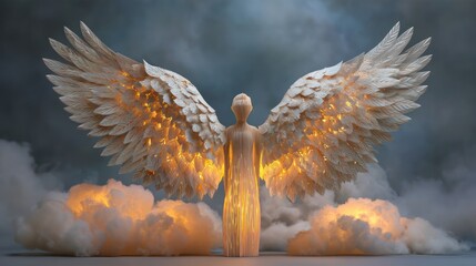 Statuesque angel with glowing wings against a cloudy sky
