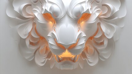 Abstract white sculpture with floral design and warm illumination