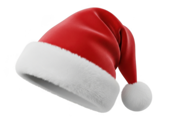 Classic red santa hat with white fur trim isolated on transparent background, perfect for christmas themed designs and holiday promotions