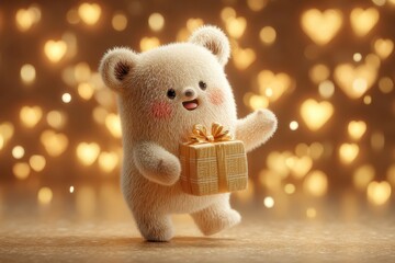 Gift-Bearing Bear of Joy: A cute and cuddly bear, brimming with happiness, gleefully presents a beautifully wrapped gift. The background shimmers with softly glowing hearts.