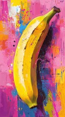 Vibrant Banana: A single banana, bursting with vivid hues and textured strokes, takes center stage against a backdrop of a kaleidoscope of color. A perfect depiction of culinary delight.