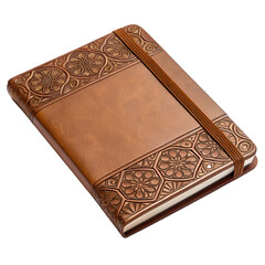 Brown leather journal with embossed floral patterns and elastic band notebook