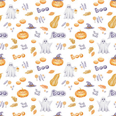 Seamless Halloween pattern with watercolor ghosts, pumpkins, witch hats, candies, candles, autumn leaves on transparent background. Perfect for fabric, textile, wrapping paper, wallpaper, decoration