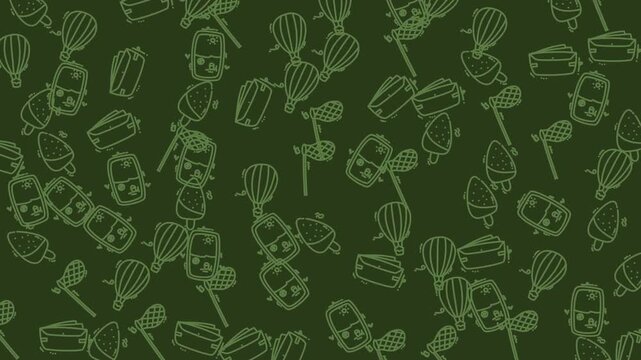 Playful pattern featuring hot air balloons, cameras, wallets, popsicles, and nets. Perfect for summerthemed designs or whimsical projects.