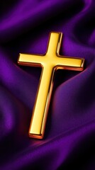Golden Cross on a Silk: A radiant golden cross rests gently upon the luxurious folds of deep purple silk, representing faith, spirituality, and devotion.