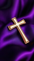 Golden Cross on Purple Silk: A gleaming golden cross rests upon a luxurious bed of rich purple silk, evoking sentiments of faith, spirituality, and reverence.