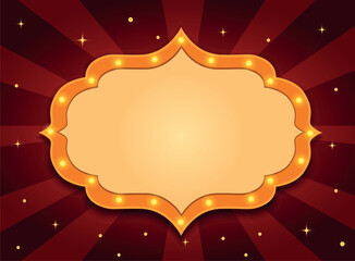 A bright, festive, glowing red vector sign with a gold frame and space for text. Perfect for celebrating victories, badges, awards, competitions, circus performances, shows, and holidays