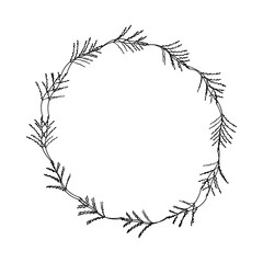 Hand drawn plants, dividers, wreaths, border frames. Circle floral frame with leaves on white background. Vector hand drawn illustration for wallpaper, posters, card. Copy space. Doodle style.