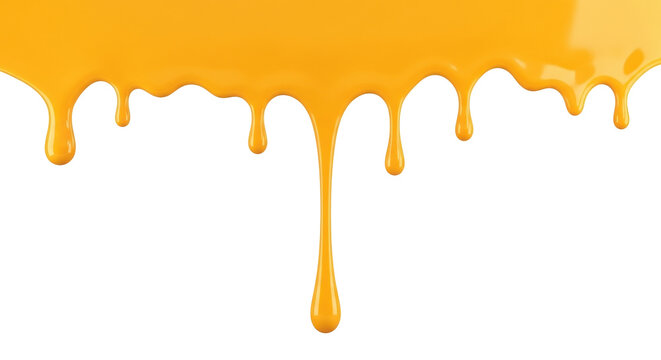 Isolated yellow paint dripping, creamy, vibrant, honey-like viscous texture on surface