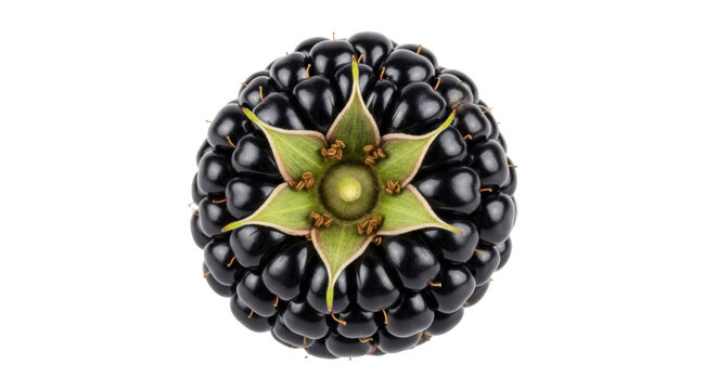 Isolated ripe blackberry with green sepals, showing textured fruitlets and glossy surface