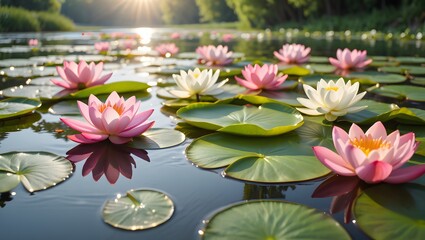 Pink water lilies blooming in a serene pond surrounded by green leaves and tropical nature