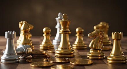 Strategic gold and silver chess pieces arranged on a wooden board with coins, symbolizing business success, competition, and financial triumph in a sophisticated setting.