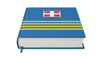 Isolated book with blue cover, horizontal gold stripes, and red emblem on top cover