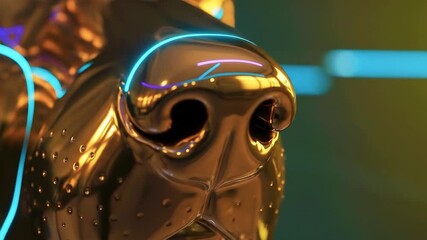 Close-up of a gleaming, golden statue, with glowing blue and purple neon lights highlighting the nose - Powered by Adobe