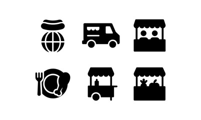 Silhouette icons of food trucks and market stalls for global cuisine concepts