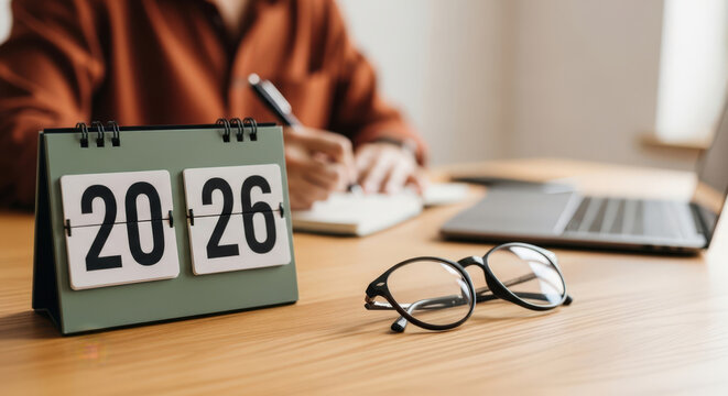 2026 Desk Calendar Still Life With Eyeglasses, Notebook And Laptop On Wooden Table Focus On Year 2026 Date