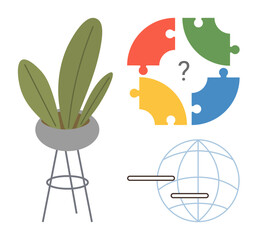 Multi-colored puzzle with question mark, globe with lines, and potted plant on stand, symbolizing problem-solving, growth, communication. Ideal for strategy, innovation, teamwork global ideas