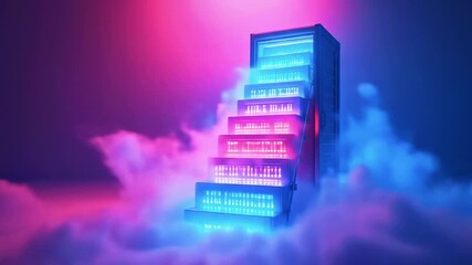 Abstract data center with glowing server racks forming stairs amidst vapor and neon lighting - Powered by Adobe
