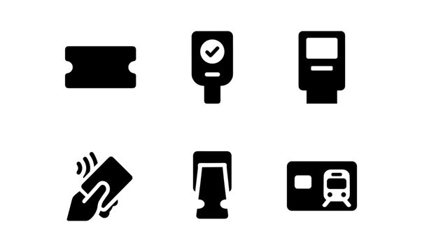Transport payment icons set: ticket, contactless payment, check-in, metro gate, train pass