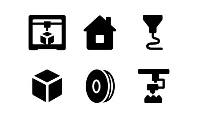 3d printing icons set featuring printers, house, nozzle, filament, and cube