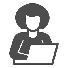 Manager girl with new laptop solid icon, cyber monday concept. Vector graphics. Woman of tech engineering, avatar sign on white background, glyph style icon for mobile or web design.