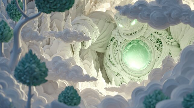 Abstract surreal landscape with floating spheres and cloud formations