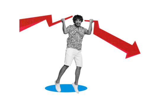 Composite photo collage of happy latino man broke arrow development career success growth progress isolated on painted background