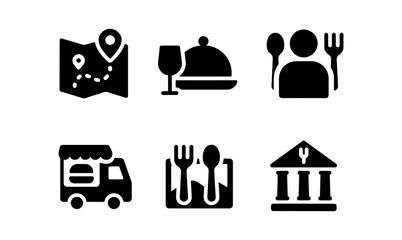 Simple food and navigation icons: minimalist restaurant and travel symbols