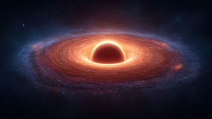 Fototapeta premium Captivating Black Hole Surrounded by Glowing Accretion Disk in Deep Space with Cosmic Elements and Stellar Light Effects for Science Imagery