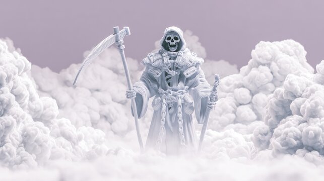 Grim reaper figure standing in a cloud of smoke with a scythe