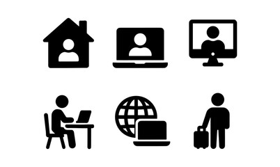 Remote work and travel icons: silhouette style for digital and home office themes
