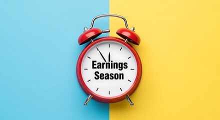 Red alarm clock displaying earnings season on a split background