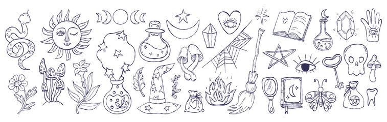 Outline Magical Accessories Hand Drawing Set. Isolated Magic whimsical Textured Doodle for occult, fantasy and Halloween design. Vector illustration. Not AI