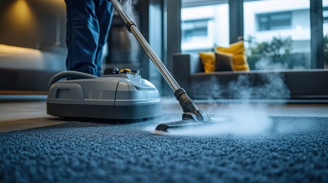 A professional cleaner operates a steam cleaning machine on a carpet in a modern home environment. The vapor rising from the device emphasizes cleanliness and attention to detail.