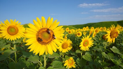 Fototapeta premium Bright sunflower field under a clear blue summer sky