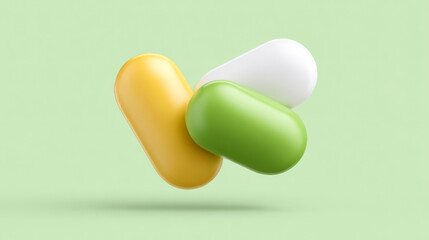 Minimalist 3D colorful pills in yellow, green, and white, representing health, wellness, and medication, with copy space