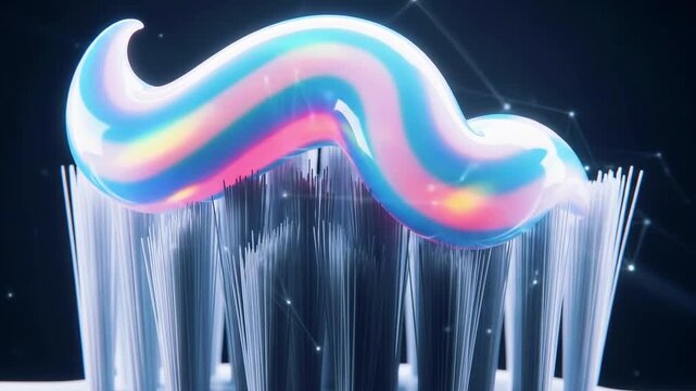 A close-up of a toothbrush with striped, iridescent toothpaste, set against a dark background